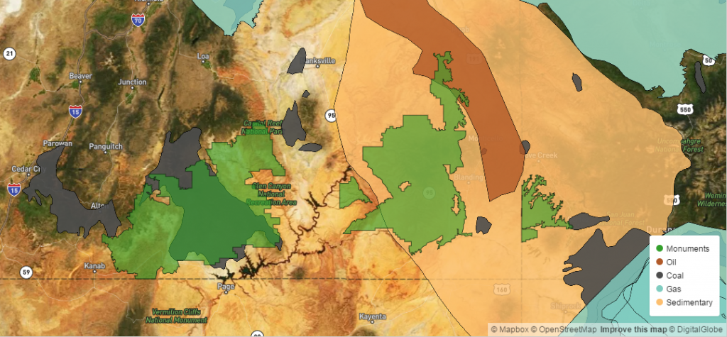 Map showing potential fossil fuel reserves below national monuments (in green). Grand Staircase (left); Bears Ears (centre) and Canyons of the Ancients (right).